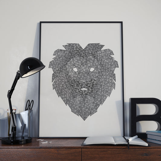 Hand-Drawn Lion Print: Geometric Wildlife Art