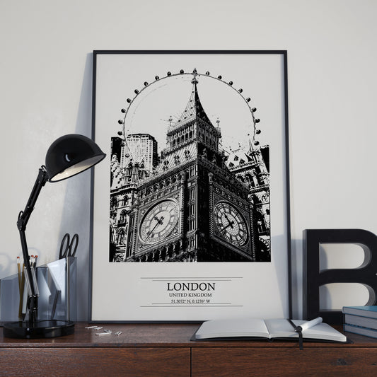London Cityscape Print: Big Ben & London Eye, Black and White Art