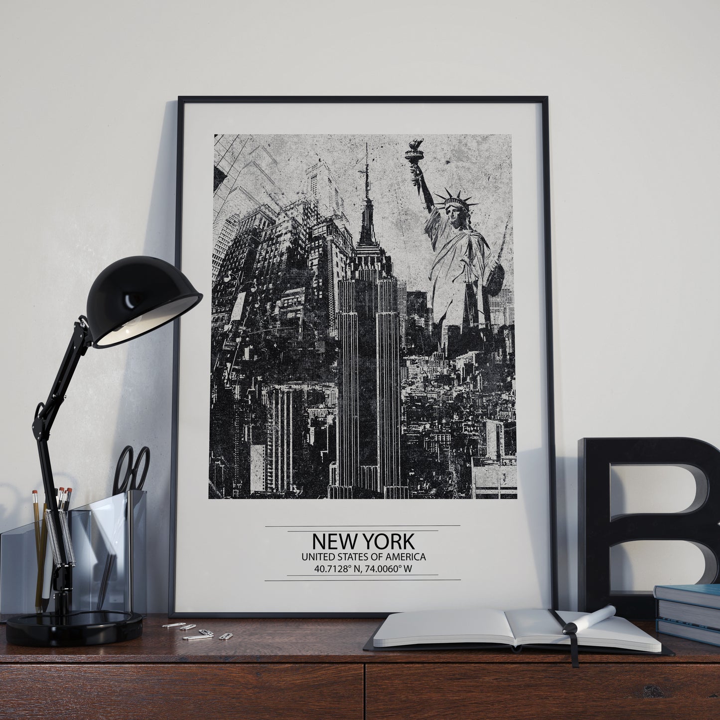 Vintage New York City Print: Black and White Abstract Cityscape