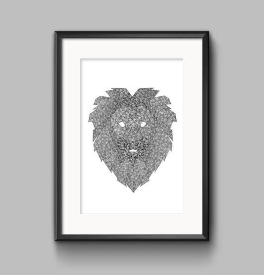 Hand-Drawn Lion Print: Geometric Wildlife Art