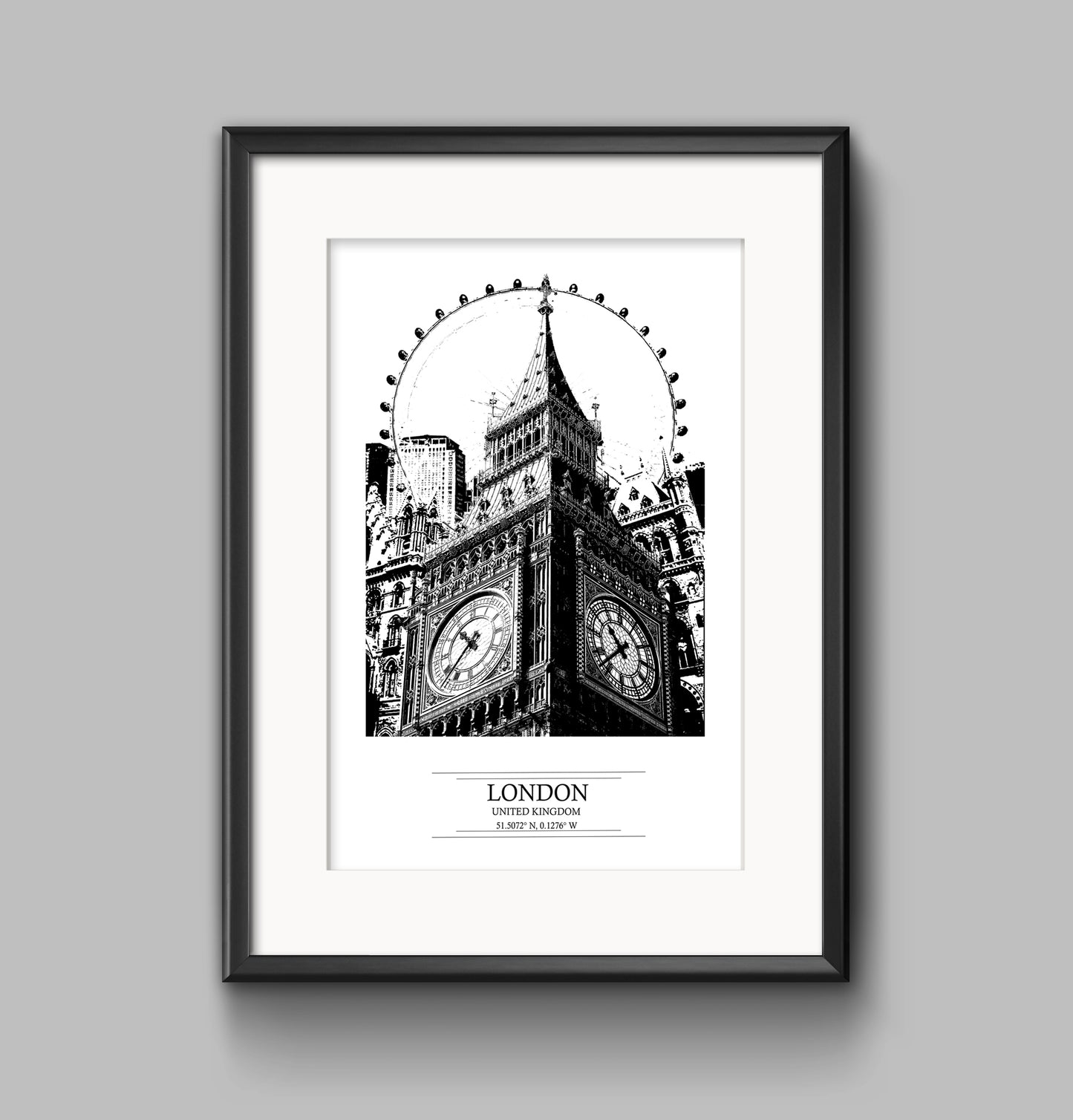 London Cityscape Print: Big Ben & London Eye, Black and White Art