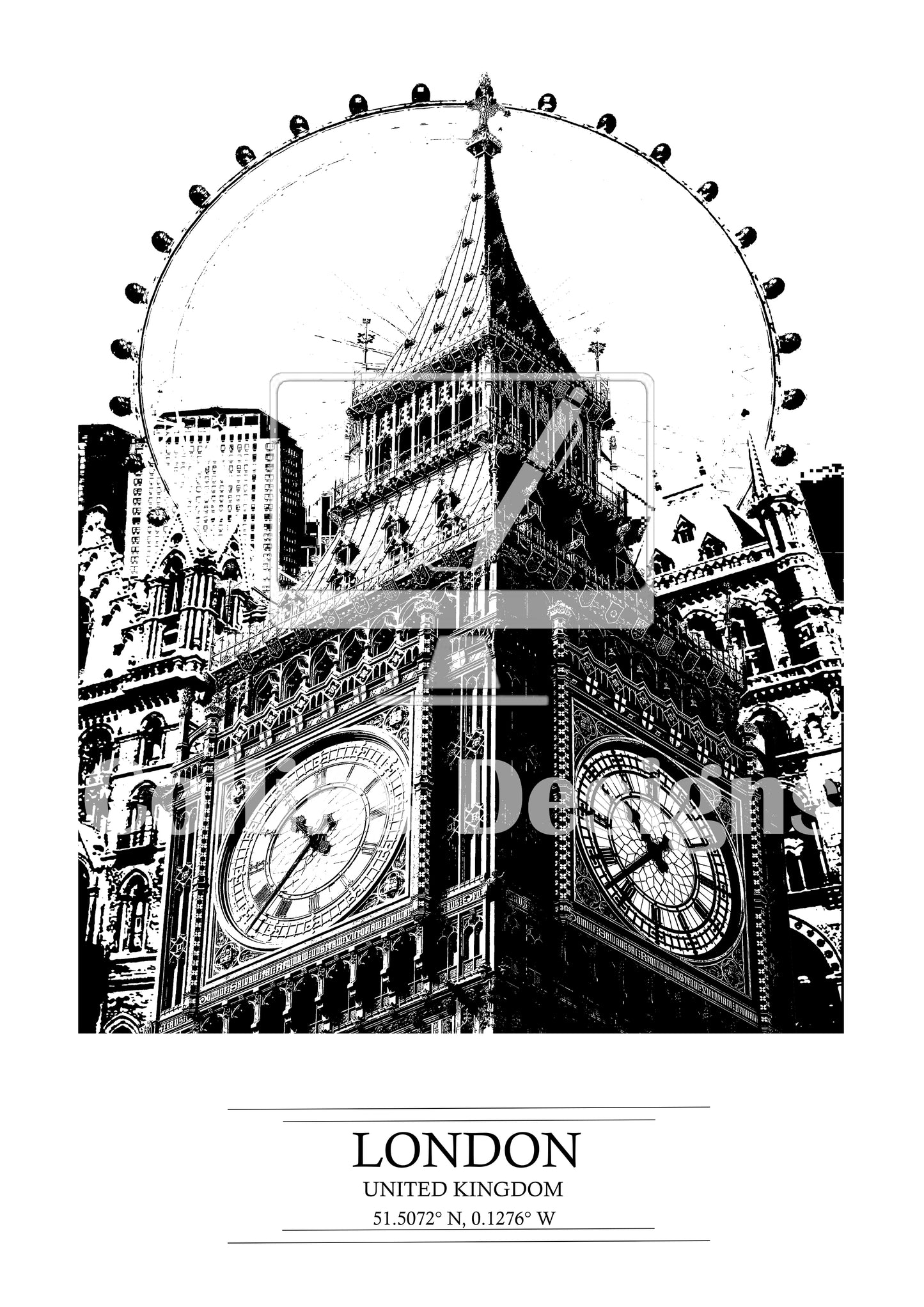 London Cityscape Print: Big Ben & London Eye, Black and White Art